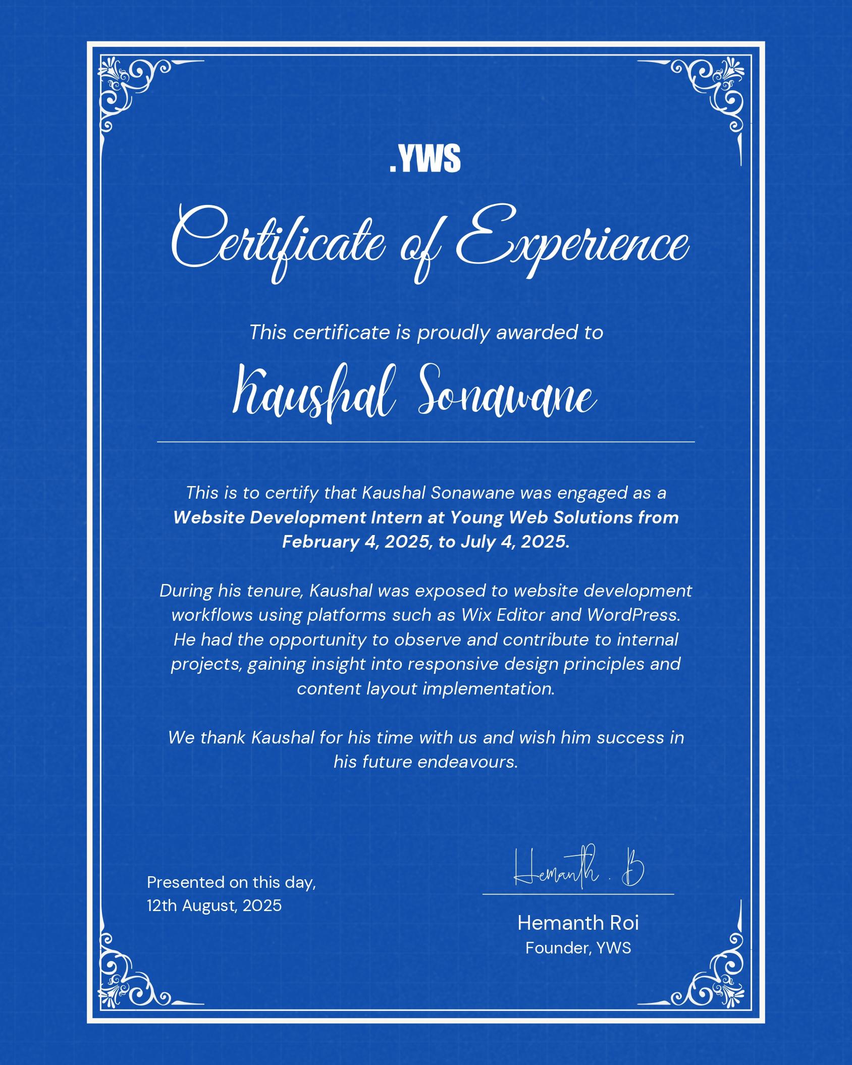 Certificate of Experience – YWS